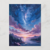 夜の空 | 星空の湖 紫 水彩画 ポストカード (正面)