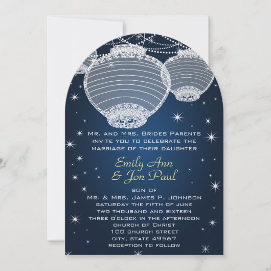 夜の結婚式 ネイビー イエロー シルバー ランタン 星 招待状 (正面)