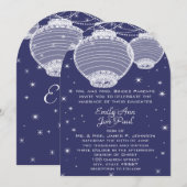 夜の結婚式 ネイビー&シルバーのランタン 星のガーランド 招待状 (正面/裏面)