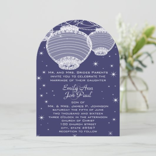 夜の結婚式 ネイビー&シルバーのランタン 星のガーランド 招待状 (スタンド正面)