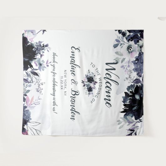 夜の花をイメージしたネイビーブルーのおしゃれなウェディングウェルカム タペストリー (正面(横))