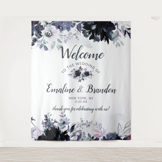 夜の花をイメージしたネイビーブルーのおしゃれなウェディングウェルカム タペストリー (正面)