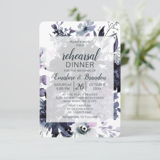 夜の花をテーマにしたネイビーウェディングリハーサルディナー 招待状 (スタンド正面)