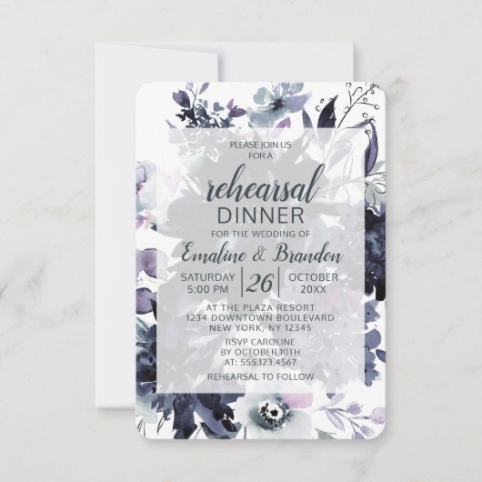 夜の花をテーマにしたネイビーウェディングリハーサルディナー 招待状 (正面)