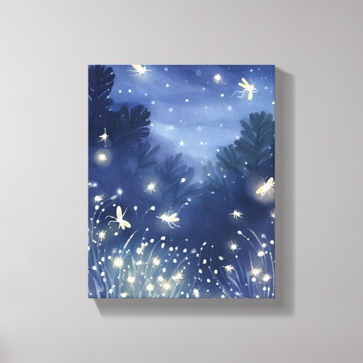 夜の蛍 | 蛍ブルー水彩画 キャンバスプリント (正面)