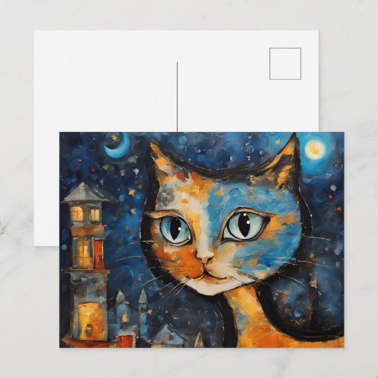 夜の街で猫 ポストカード (正面/裏面)