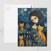 夜の街の女性が猫たちと一緒に ポストカード (正面/裏面)