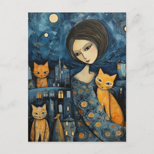 夜の街の女性が猫たちと一緒に ポストカード (正面)