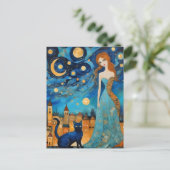 夜の街の女性と猫 ポストカード (スタンド正面)