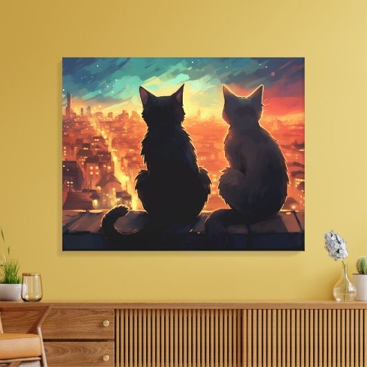 夜の街を見下ろす屋上の2匹の猫 キャンバスプリント (インサイチュ (リビング))