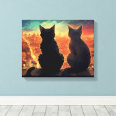 夜の街を見下ろす屋上の2匹の猫 キャンバスプリント (インサイチュ (ウッドフロア))