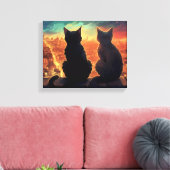 夜の街を見下ろす屋上の2匹の猫 キャンバスプリント (インサイチュ (リビング))