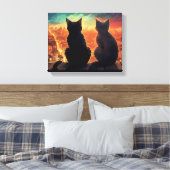 夜の街を見下ろす屋上の2匹の猫 キャンバスプリント (インサイチュ (寝室))