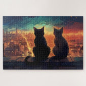 夜の街を見下ろす屋上の2匹の猫 ジグソーパズル (横)