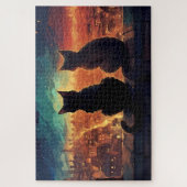 夜の街を見下ろす屋上の2匹の猫 ジグソーパズル (縦)