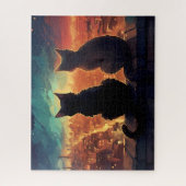 夜の街を見下ろす屋上の2匹の猫 ジグソーパズル (縦)