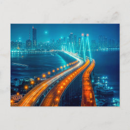 夜の街、川の上のライトアップされた橋 シーズンポストカード