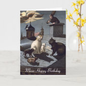 夜の誕生日カードで5匹の猫が屋根の上で歌う カード (黄色い花)