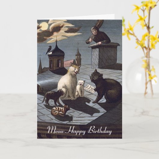 夜の誕生日カードで5匹の猫が屋根の上で歌う カード (黄色い花)