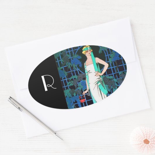 夜の赤いバラ、アート美しいファッションモノグラム 楕円形シール (封筒)