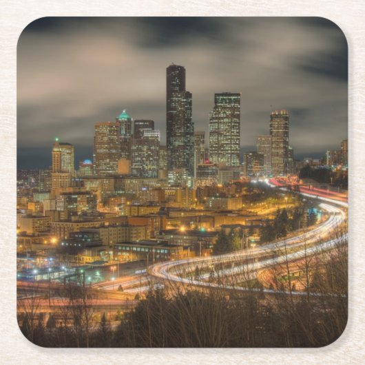 夜の車からの軽い縞 スクエアペーパーコースター (正面)