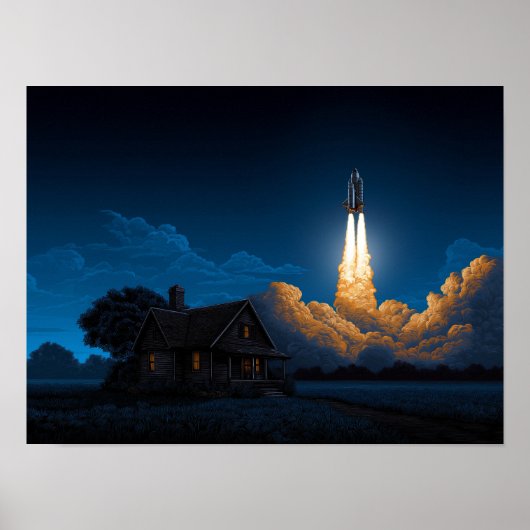 夜の農家の背後で打ち上げられるスペースシャトルロケット ポスター (正面)