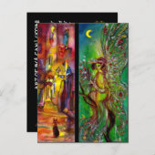 夜の通りとグリーンフェアリー インビテーションポストカード (正面/裏面)