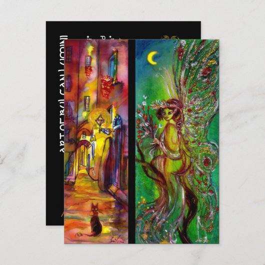 夜の通りとグリーンフェアリー インビテーションポストカード (正面/裏面)