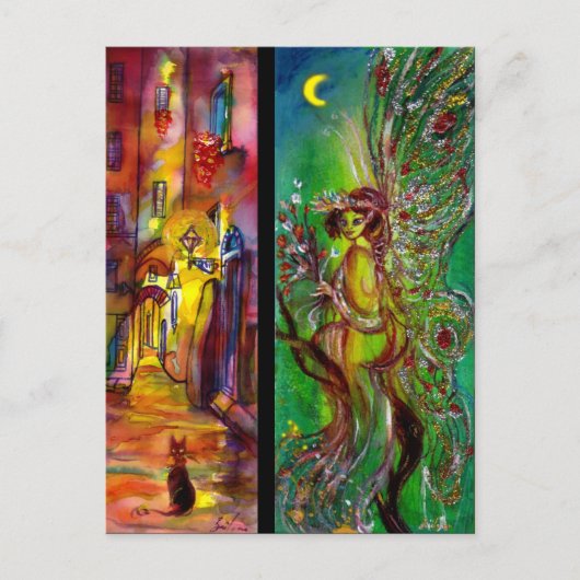 夜の通りとグリーンフェアリー インビテーションポストカード (正面)