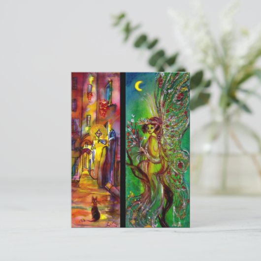 夜の通りとグリーンフェアリー インビテーションポストカード (スタンド正面)