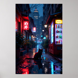 夜の都会の路地裏の黒猫と鮮やかな ポスター