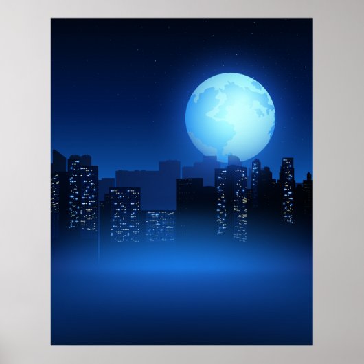 夜の都市景観に浮かぶ美しい満月 ポスター (正面)