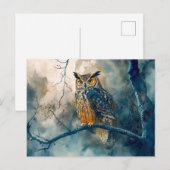 夜の闇に佇むフクロウの水彩画 ポストカード (正面/裏面)