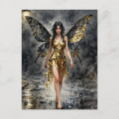 夜の雨に濡れた金色のドレスの妖精 ポストカード (正面)