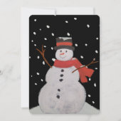 夜の雪の中で幸せな雪だるま。 シーズンカード (正面)