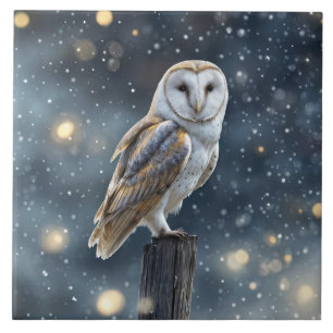 夜の雪の中のフクロウかわいらし タイル