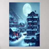 夜の雪山の村 | AI Art ポスター (正面)