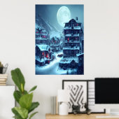 夜の雪山の村 | AI Art ポスター (ホームオフィス)
