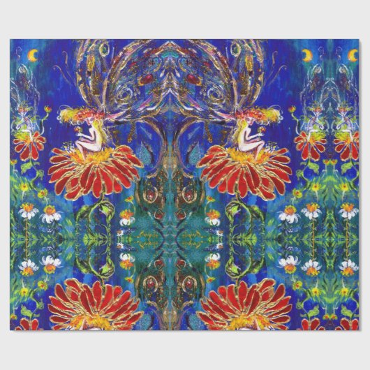 夜の青い緑の赤い花の上の妖精 ラッピングペーパー (フラット)