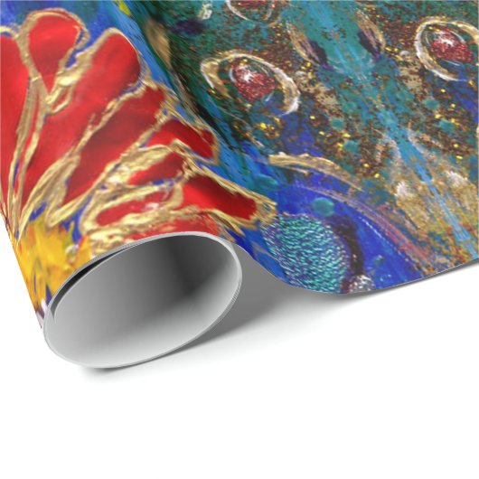 夜の青い緑の赤い花の上の妖精 ラッピングペーパー (ロールコーナー)