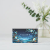 夜の青い芍薬の花と天体の湖のフレーム 名刺 (スタンド正面)