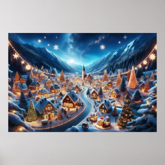 夜の静かな雪のクリスマスビレッジ ポスター (正面)