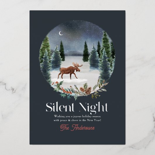夜の静かムース冬の夜の森のクリスマス 箔シーズンカード (正面)