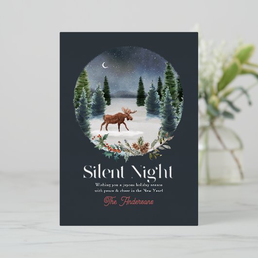 夜の静かムース冬の夜の森のクリスマス 箔シーズンカード (立ち正面)