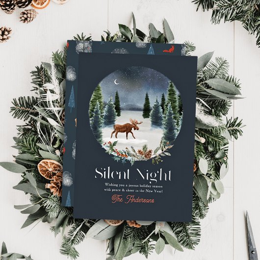 夜の静かムース冬の夜の森のクリスマス 箔シーズンカード
