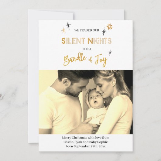 夜の静か写真誕生発表ホリデーカード シーズンカード (正面)