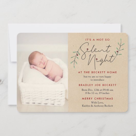 夜の静か誕生発表ホリデーカード シーズンカード (正面)