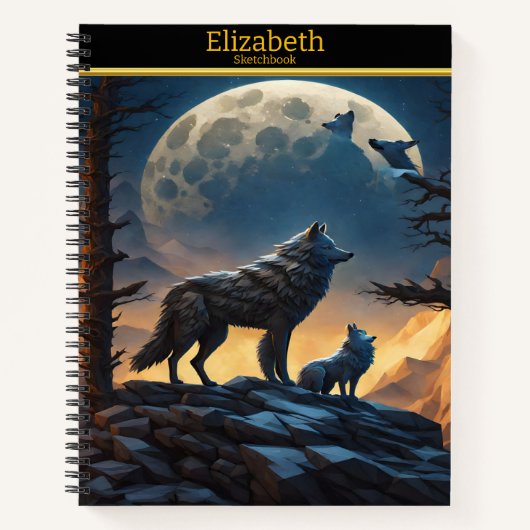 夜の風景の中で狼が月の方で吠える ノートブック (正面)
