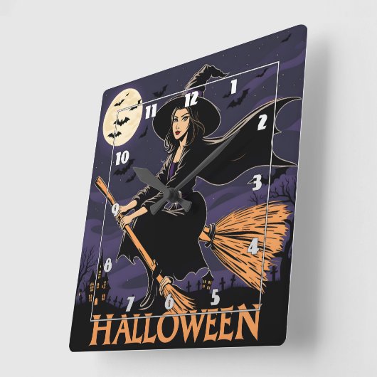 夜の飛んでいる景色幽霊のよく出るの上の魔女 スクエア壁時計 (傾斜)