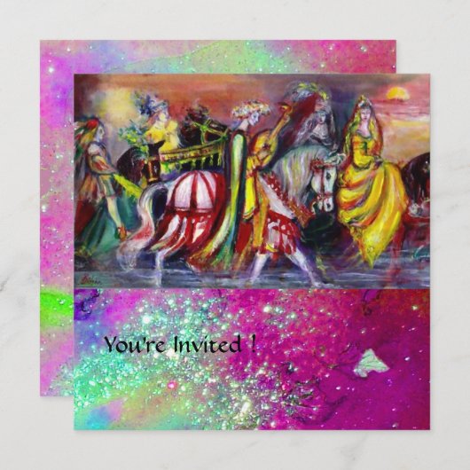 夜の馬乗りにピンクと紫と青のスパークル 招待状 (正面/裏面)